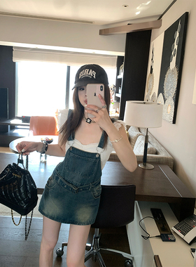 CHANGING REAL 迷失夏日 复古蓝牛仔背带裙裤时髦高腰减龄短裤女
