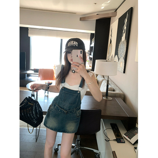 女 CHANGING 迷失夏日 REAL 复古蓝牛仔背带裙裤 时髦高腰减龄短裤