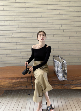 CHANGING REAL 东京杂志社 斜肩黑色长袖T设计感小心机百搭上衣女