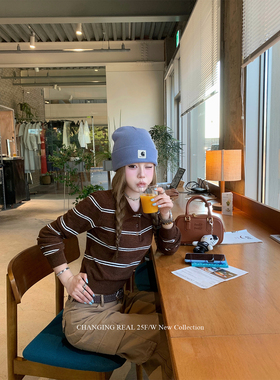 CHANGING REAL 布朗可可 棕色条纹针织polo衫女秋冬撞色毛衣上衣