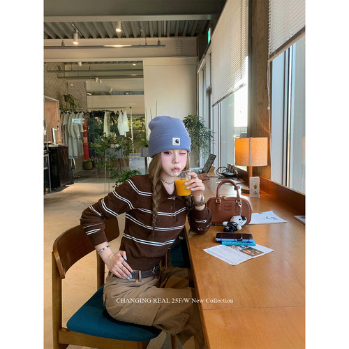 CHANGINGREAL棕色条纹针织衫女