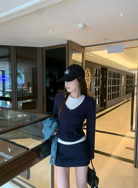 CHANGING REAL 米洛斯岛 藏青色套装百搭少女休闲外套短裙两件套