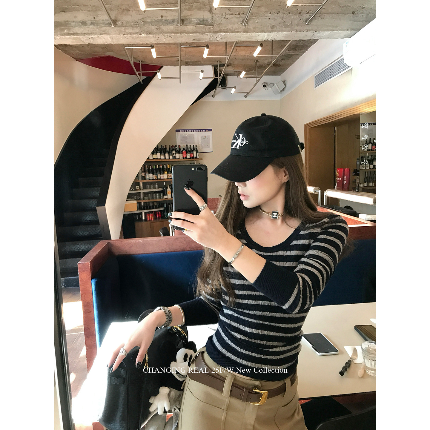 CHANGINGREAL藏青灰色条纹毛衣