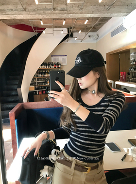 CHANGING REAL 暖暖入冬 藏青灰色条纹毛衣女圆领针织内搭上衣冬