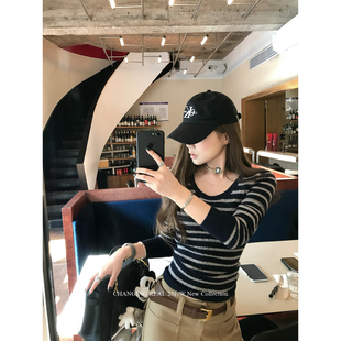 CHANGING REAL 暖暖入冬 藏青灰色条纹毛衣圆领显瘦针织内搭上衣