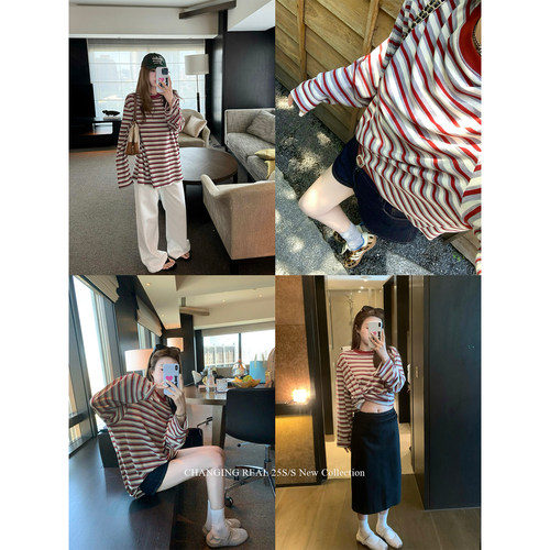 CHANGINGREAL撞色条纹T恤女夏