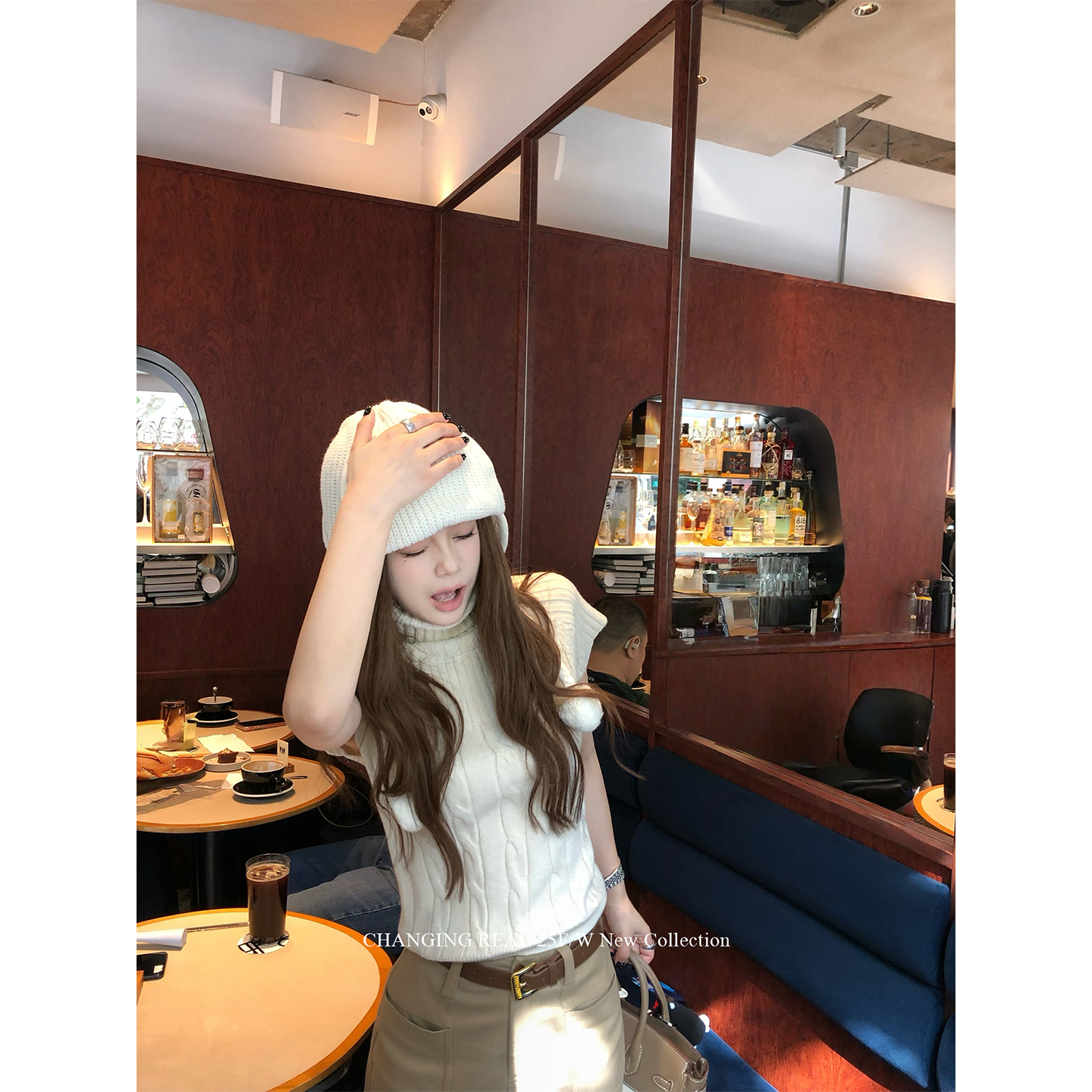 CHANGINGREAL高领麻花短袖毛衣