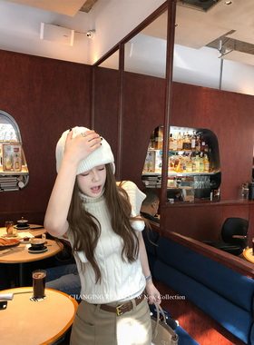 CHANGING REAL 佩里月光 杏色高领麻花短袖毛衣女针织背心上衣冬