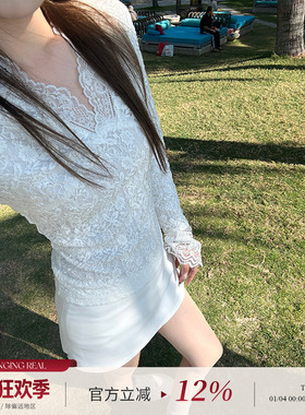 CHANGING REAL 尼罗河之春 白色蕾丝内搭打底衫女百搭修身上衣