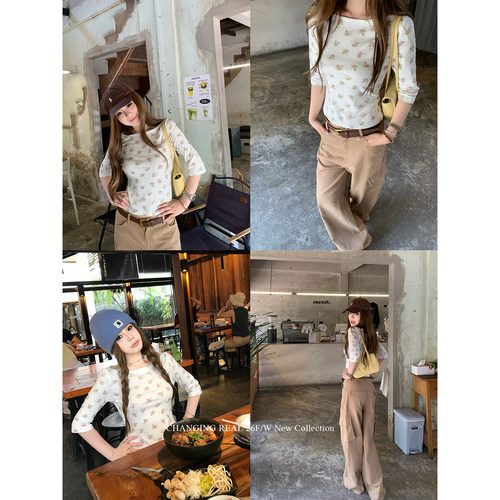 CHANGING REAL 奶呼呼feel 嗲嗲碎花中袖上衣一字肩甜美温柔T恤