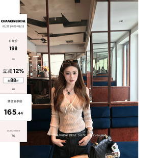 CHANGING REAL 蕾丝织梦 白色v领长袖打底衫温柔设计感修身上衣