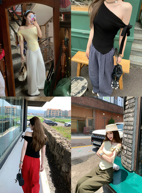 CHANGING REAL 午后日记 斜肩绑带短袖T恤女设计感修身露肩上衣夏