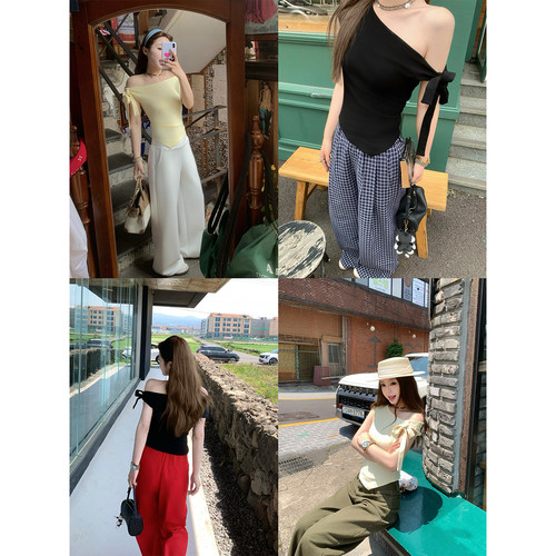 CHANGINGREAL斜肩绑带短袖女夏