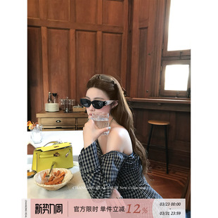 衬衫 CHANGING 韩系格子一字肩长袖 左岸咖啡 女收腰露肩上衣 REAL