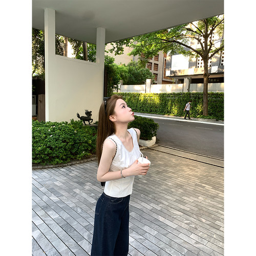 CHANGING REAL 蕾丝手账 白色蕾丝拼接无袖上衣女百搭背心衬衫夏