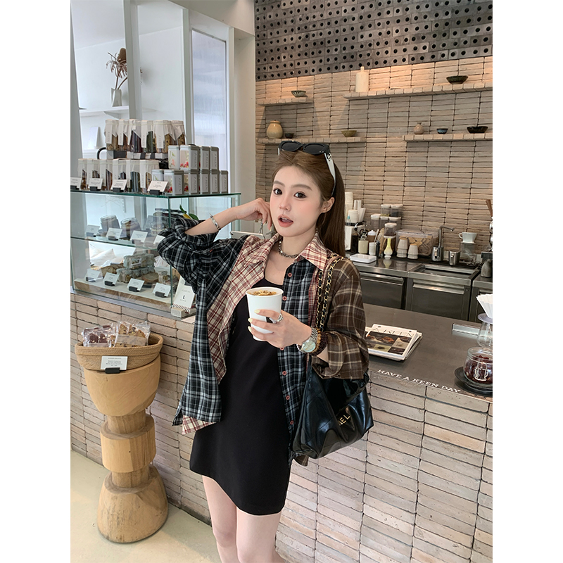CHANGINGREAL格纹拼接薄款衬衫