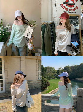 CHANGING REAL 午后遐想 斜肩长袖针织T恤女夏季两穿薄款防晒上衣