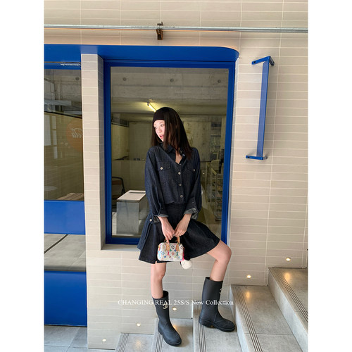 CHANGINGREAL牛仔上衣百褶短裙