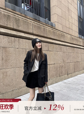 CHANGING REAL 黑色西装外套女夹棉质感时尚气质设计感韩版上衣