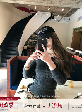 CHANGING REAL 秒变纸片人 亨利领深灰色修身毛衣女针织打底上衣