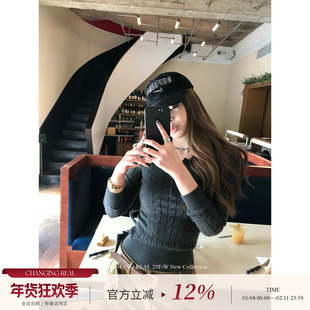 CHANGING REAL 秒变纸片人 亨利领深灰色修身毛衣女针织打底上衣