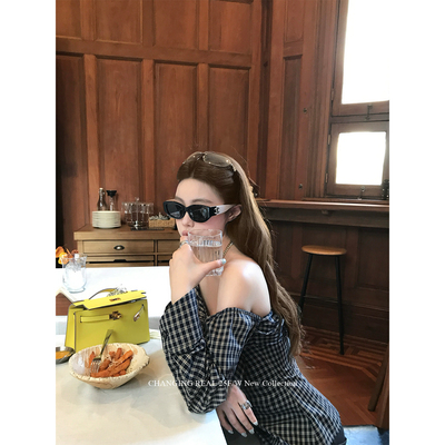 CHANGINGREAL格子一字肩衬衫女