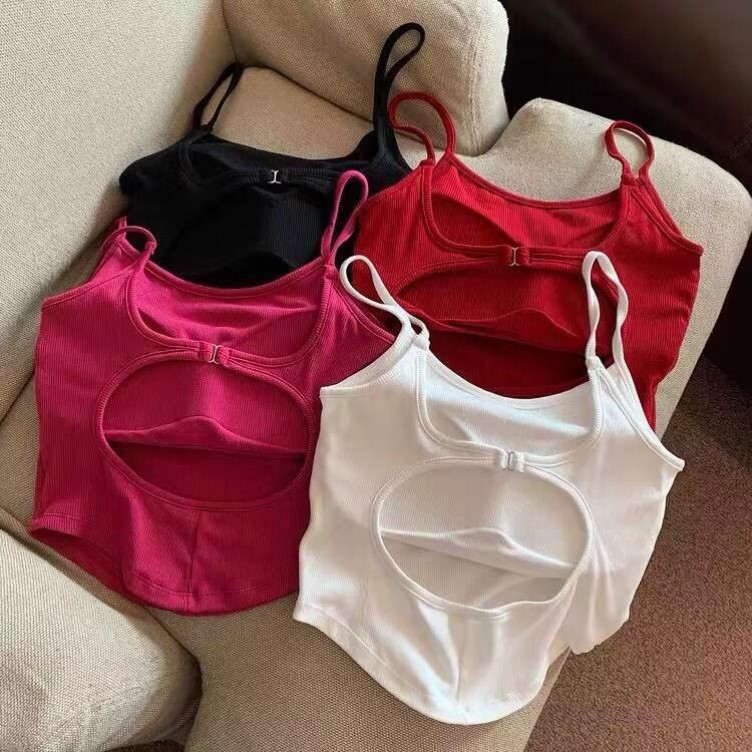 红色露背吊带小背心女夏外穿美式美背文胸一体式带胸垫上衣遮副乳