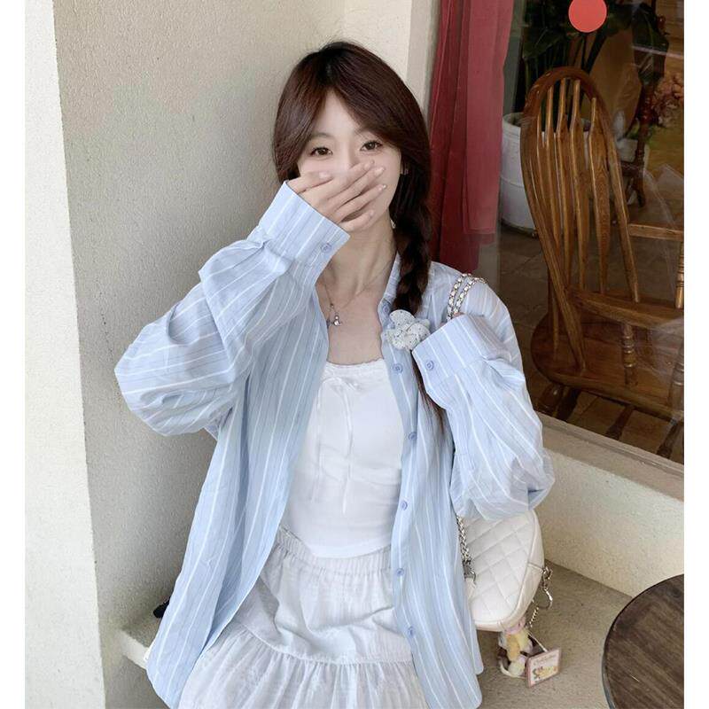 复古条纹多巴胺长袖衬衫女装夏季薄款宽松慵懒风小众防晒衬衣外套