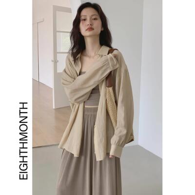 八月 卡其色轻薄防晒遮阳polo衬衫女款夏季新款宽松休闲长袖上衣