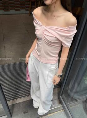 PT2EUUPT2基础打底短袖T恤两穿修身辣妹百搭显瘦内搭上衣女一字肩