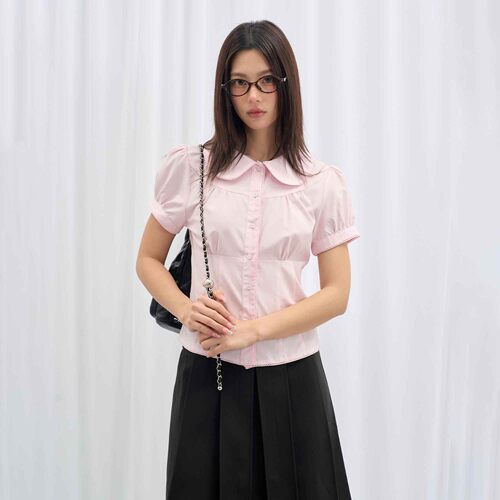 BESOBER粉色娃娃领短袖衬衫女夏