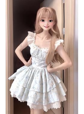 樱织花翎小飞袖温柔碎花连衣裙女夏日绝美公主蛋糕裙收腰蓬蓬裙子