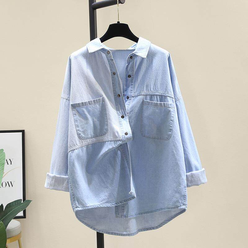 牛仔衬衫女装春秋季新款蓝色长袖设计感条纹拼接衬衣复古外套上衣