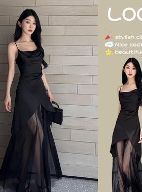法式黑色吊带连衣裙气质网纱性感长裙2025夏季新款高级感裙子女装