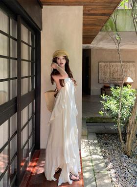纯欲露背挂脖吊带连衣裙女夏季慵懒度假风长裙子荷叶边宽松a字裙