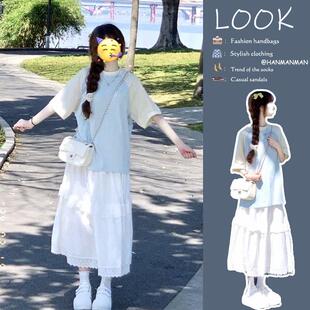 学院风套装女夏季法式小众显瘦上衣短袖t恤半身裙子两件套初中生