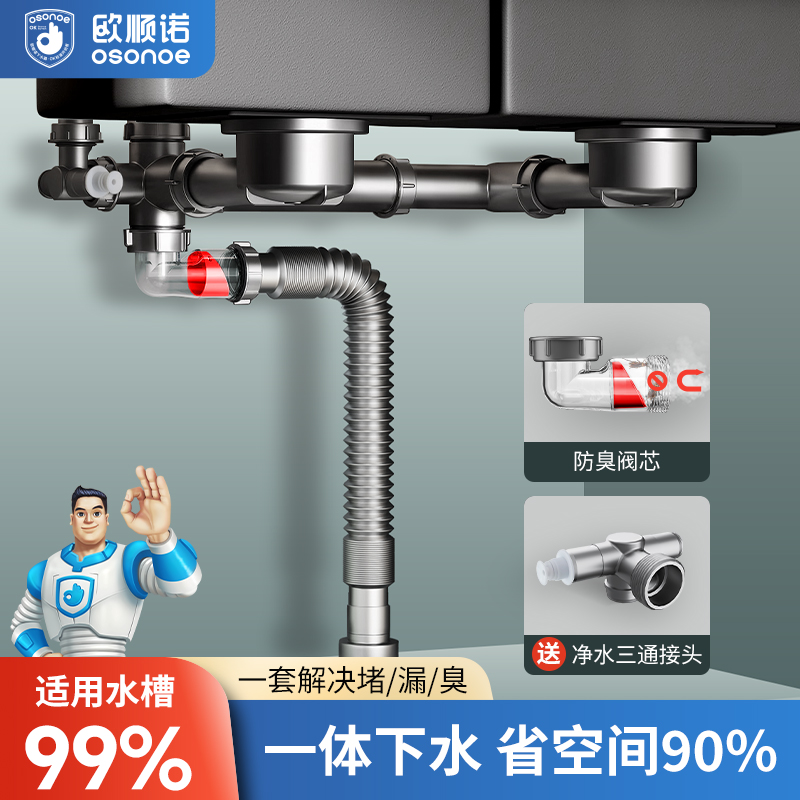欧顺诺侧排一体下水器套装超薄厨房菜盆排水管节省空间配件全套装