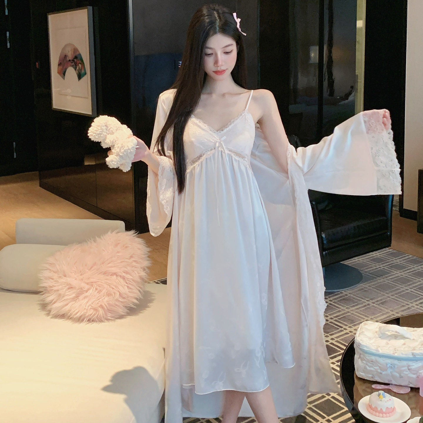 女款带胸垫吊带睡衣两件套女2026新款纯欲风蕾丝冰丝性感睡裙睡袍