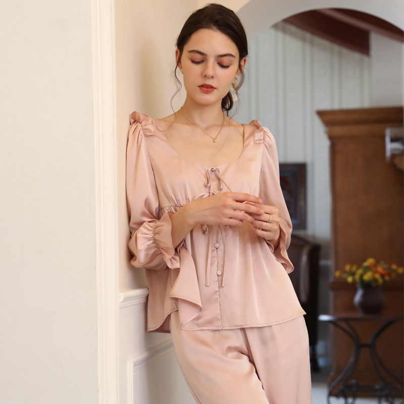 法式秋季冰丝套装睡衣两件套女2026新款蕾丝女款长袖家居服高级感