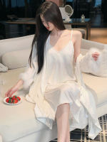 Two-piece ice silk halter pajama set for women, pure and sensual lace sexy nightgown for women, spring and summer with a chest cushion thumbnail 8