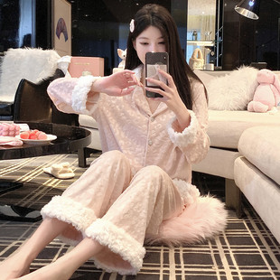 秋冬豹纹海岛绒女款睡衣长袖长裤冬双面绒加绒加厚保暖家居服冬季