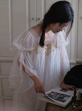 夏季女士网纱蕾丝睡裙法式女款性感白色公主睡衣晨袍女新娘连衣裙