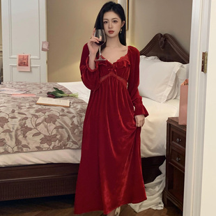 结婚晨袍女新娘红色高级感丝绒睡裙性感冬季女款法式宫廷风睡衣冬