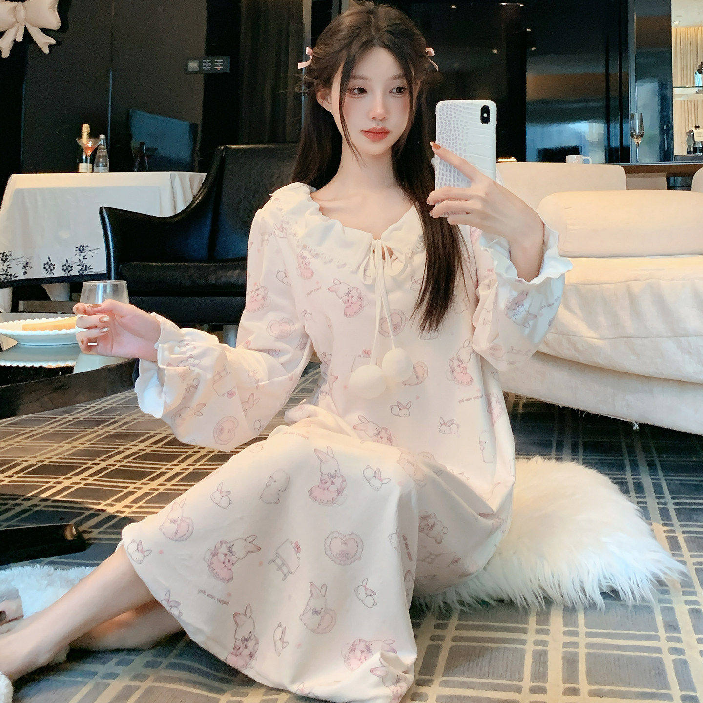 冬季长袖睡裙女款2026新款冬加厚长款女士可爱圆领海岛绒睡衣加绒