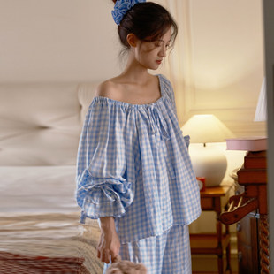 女款棉质蓝色格子睡衣女纯棉长袖春秋宫廷风高级感女士家居服套装