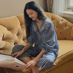 格子纯棉睡衣女2025新款女士长袖长裤套装法式春秋蓝色高级家居服