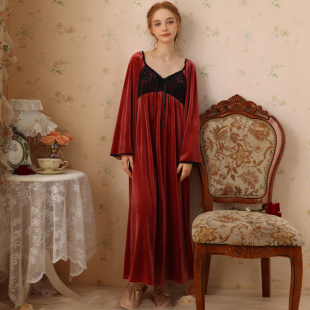 法式宫廷风长袖睡袍红色金丝绒睡衣女冬季睡裙女款性感长款家居服