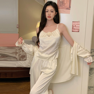 法式夏季女款冰丝吊带长裤睡衣三件套女性感女士高级感家居服套装