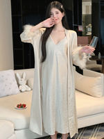 Two-piece ice silk halter pajama set for women, pure and sensual lace sexy nightgown for women, spring and summer with a chest cushion thumbnail 5