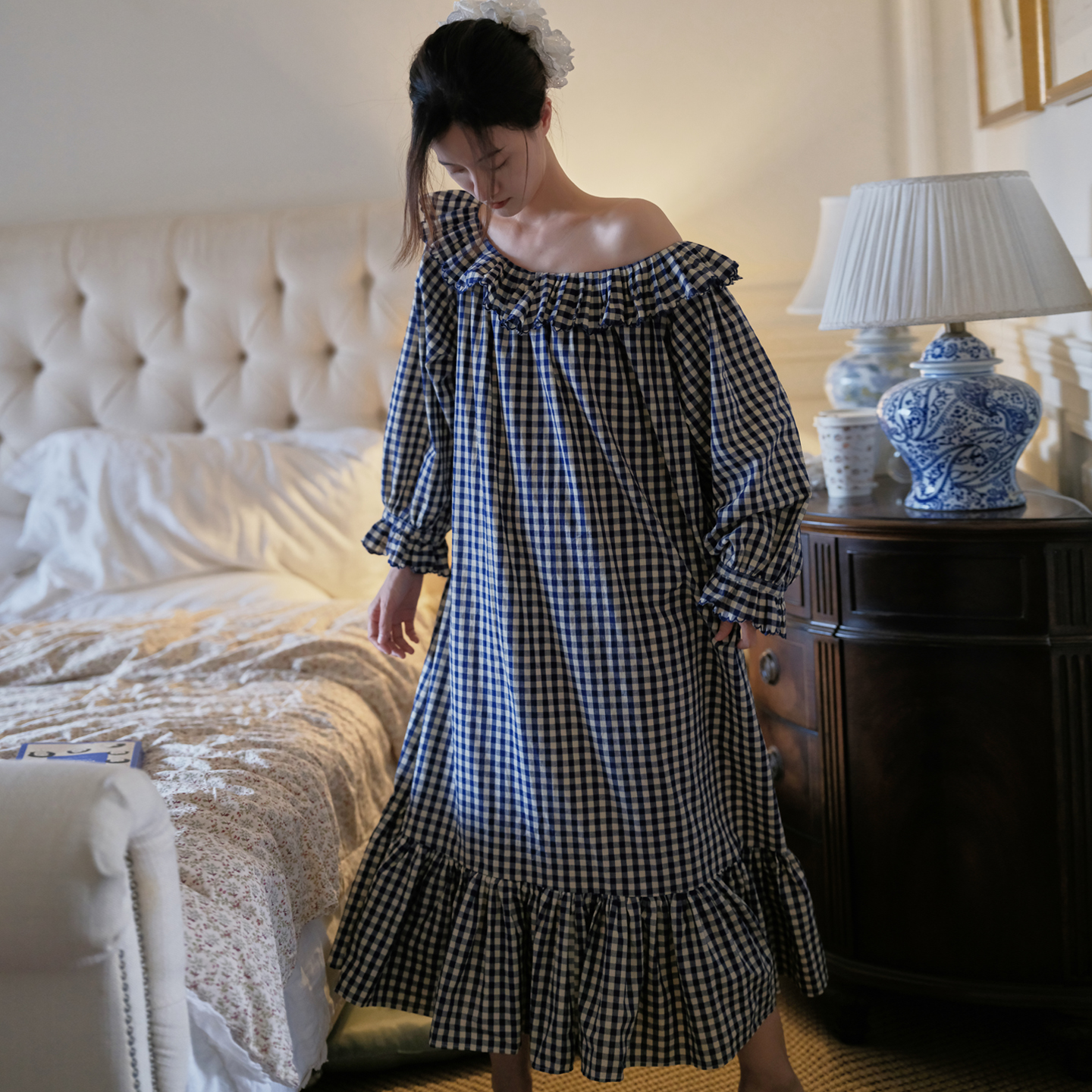 女士纯棉格子睡裙长款高级感睡衣